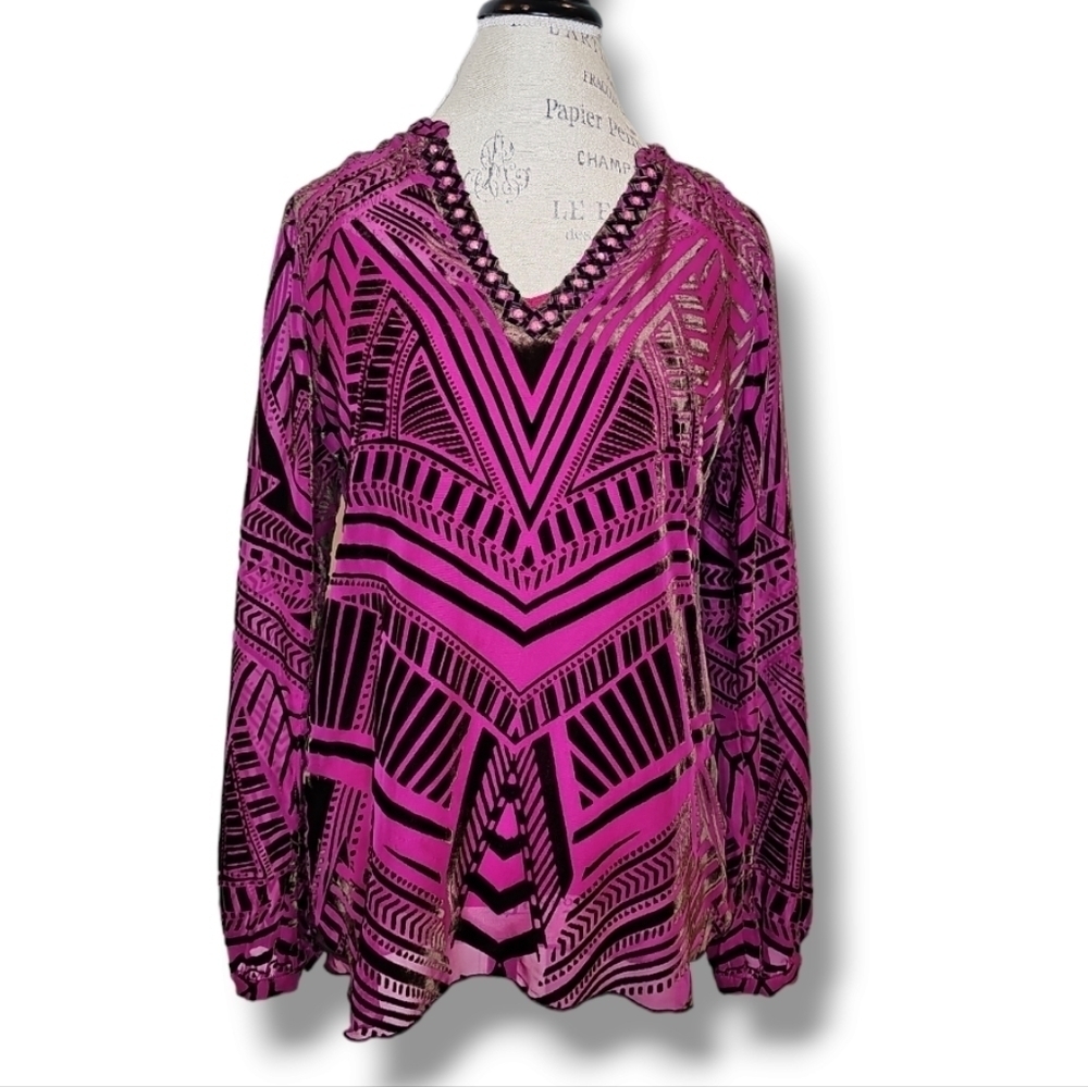 Hale Bob Pink Silk And Brown Velvet Printed Embelished V-Neck Blouse - Size Smal